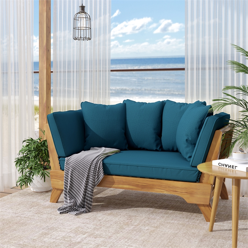 Blue  Wood Expandable Daybed Patio Couch with Adjustable Armrests