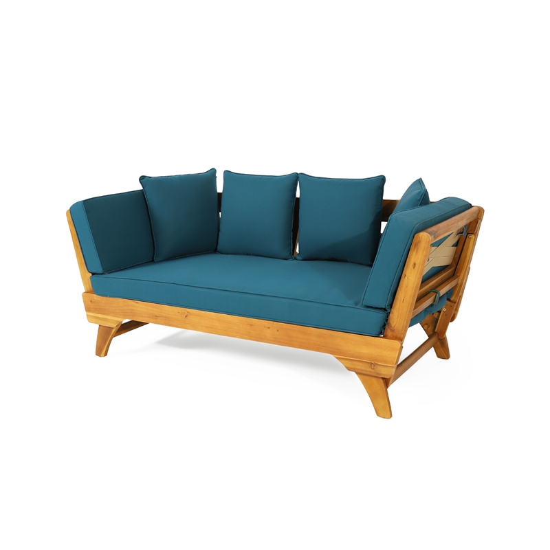 Blue  Wood Expandable Daybed Patio Couch with Adjustable Armrests