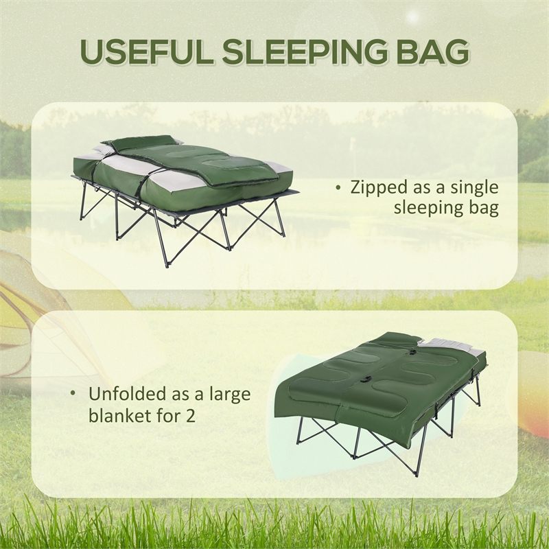 Outsunny 2 Person Folding Camping Cot with Air Mattress & Pillows Green Grey