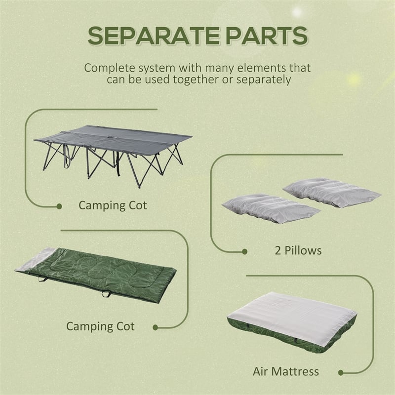 Outsunny 2 Person Folding Camping Cot with Air Mattress & Pillows Green Grey