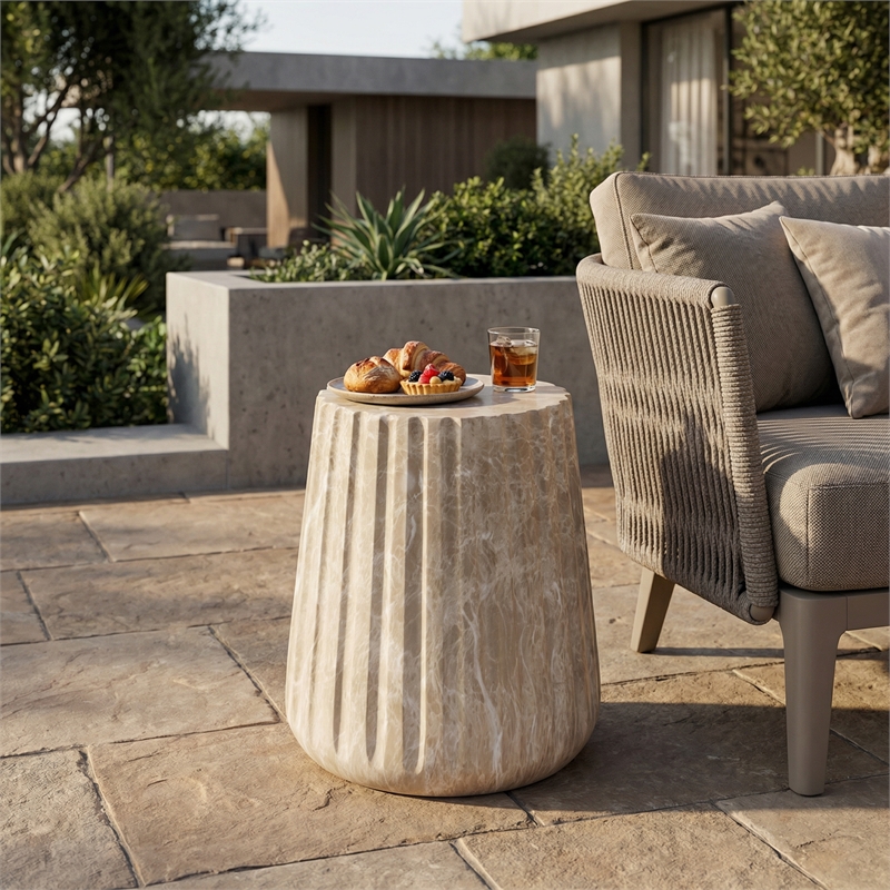 Gold Concrete Outdoor Cleme Carved Side Table - Elegant End Table