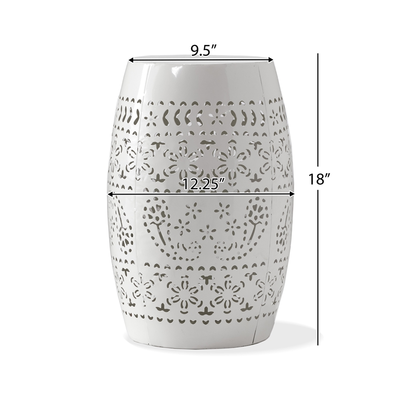 White Iron Lace Cut Barrel Metal End Table for Outdoor Garden and Patio