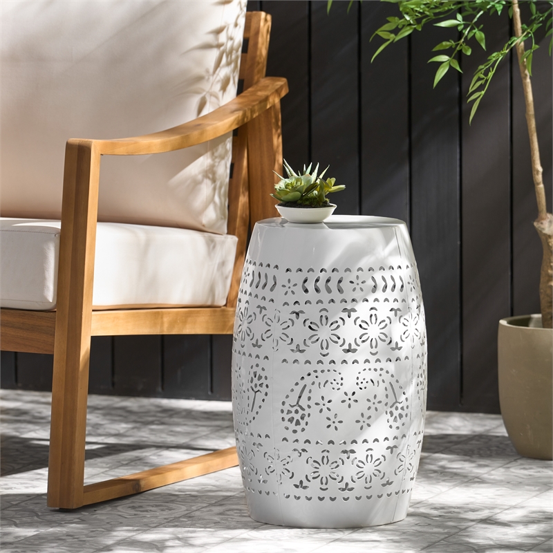 White Iron Lace Cut Barrel Metal End Table for Outdoor Garden and Patio