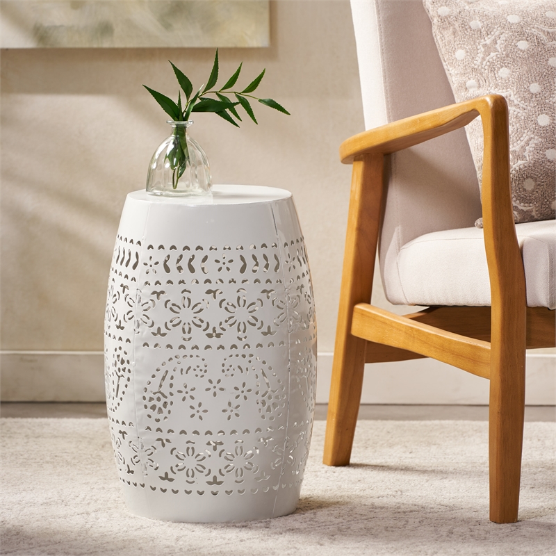 White Iron Lace Cut Barrel Metal End Table for Outdoor Garden and Patio