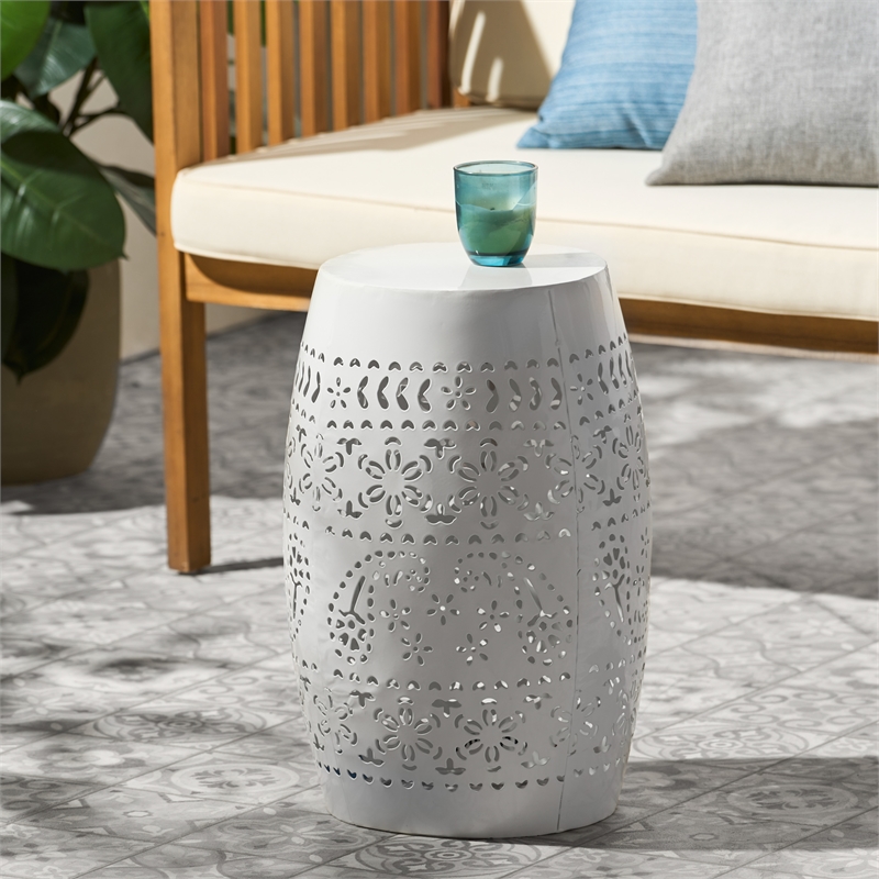 White Iron Lace Cut Barrel Metal End Table for Outdoor Garden and Patio