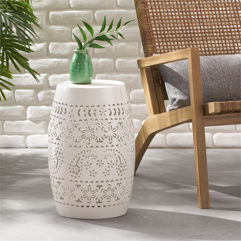 White Iron Lace Cut Barrel Metal End Table for Outdoor Garden and Patio