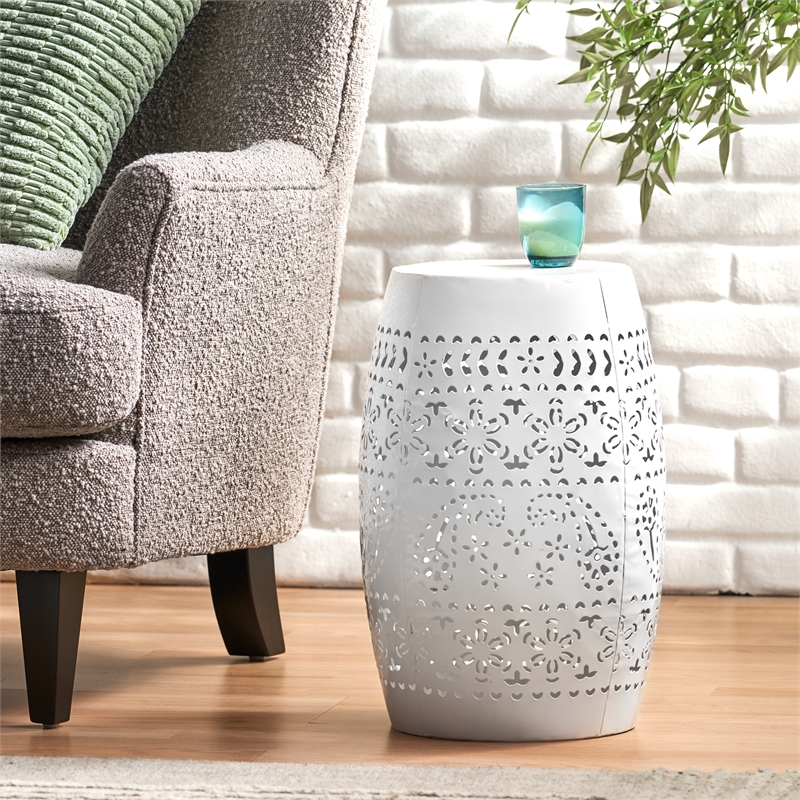 White Iron Lace Cut Barrel Metal End Table for Outdoor Garden and Patio