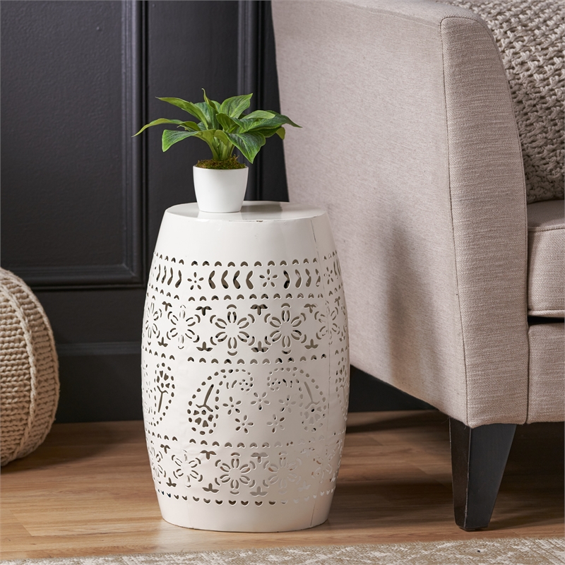White Iron Lace Cut Barrel Metal End Table for Outdoor Garden and Patio