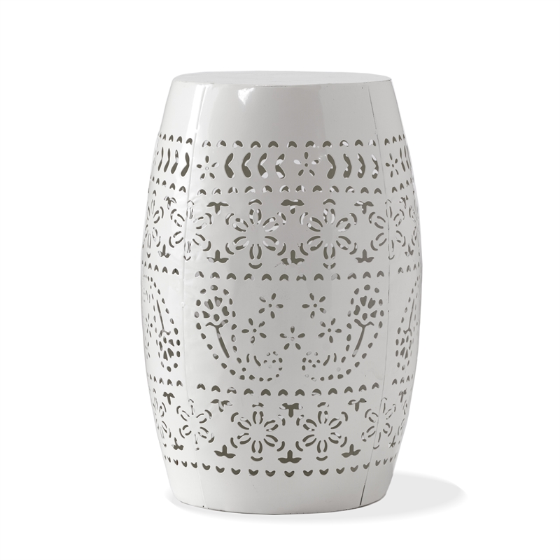 White Iron Lace Cut Barrel Metal End Table for Outdoor Garden and Patio