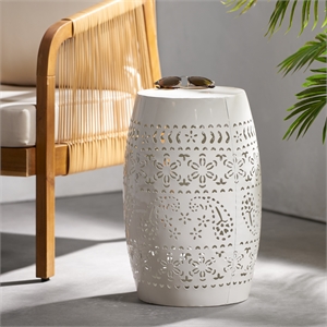 White Iron Lace Cut Barrel Metal End Table for Outdoor Garden and Patio