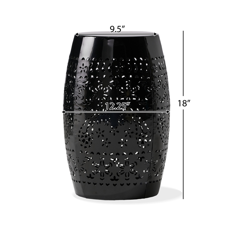 Black Lace Cut Iron Barrel Side Table Iron Outdoor Accent End Table