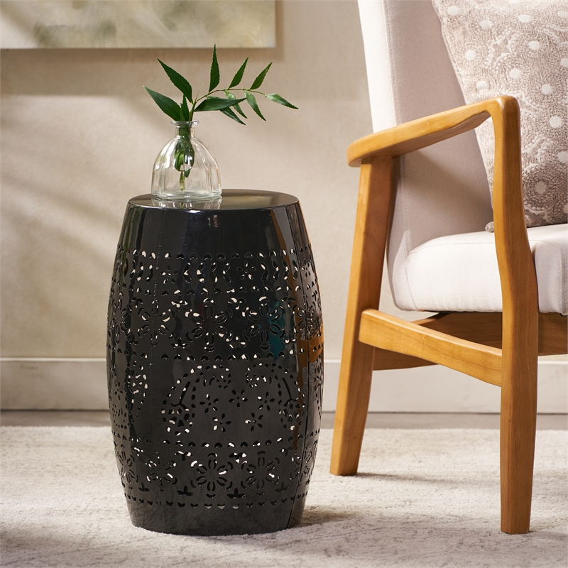 Black Lace Cut Iron Barrel Side Table Iron Outdoor Accent End Table