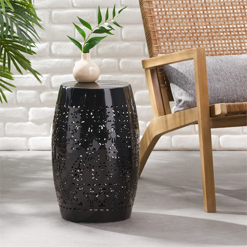 Black Lace Cut Iron Barrel Side Table Iron Outdoor Accent End Table