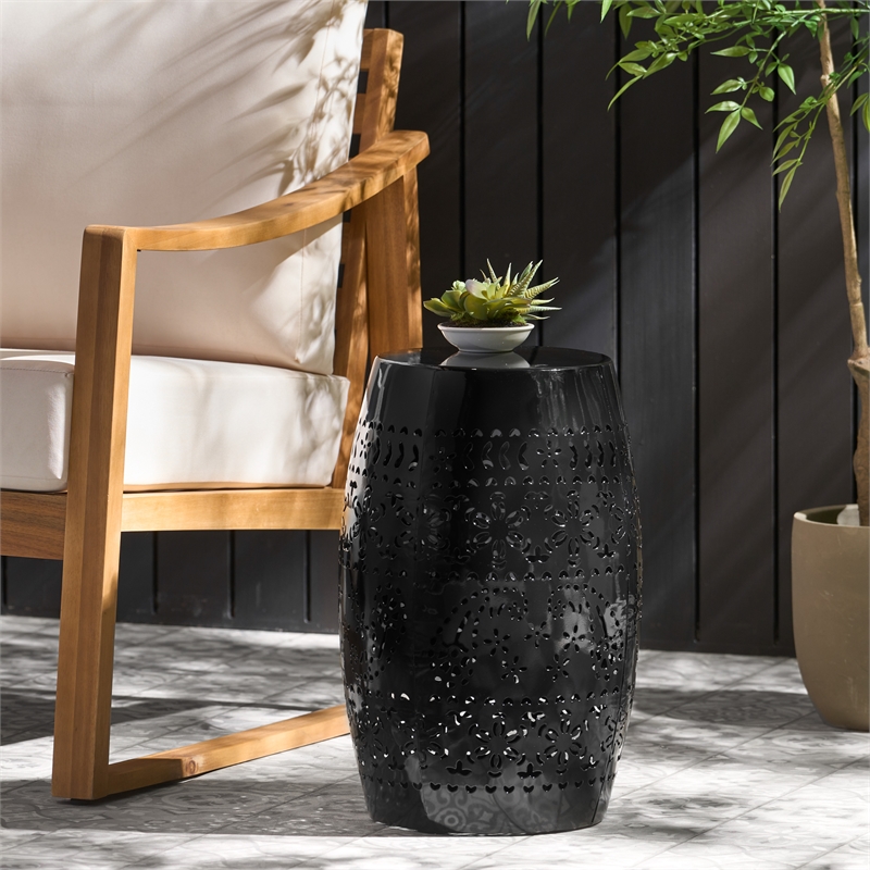 Black Lace Cut Iron Barrel Side Table Iron Outdoor Accent End Table