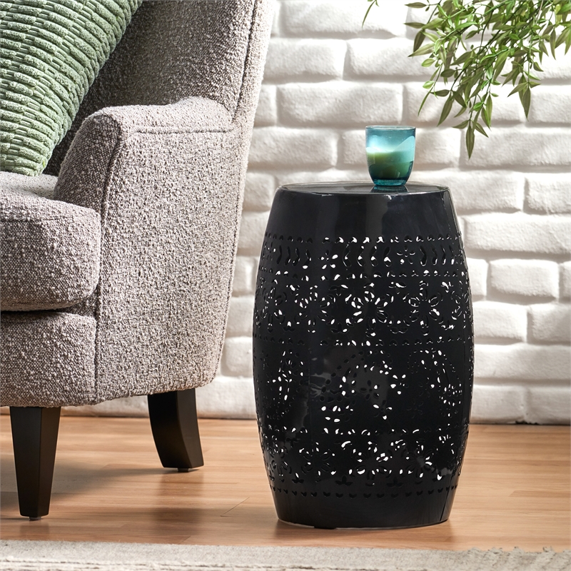 Black Lace Cut Iron Barrel Side Table Iron Outdoor Accent End Table