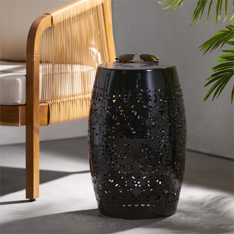 Black Lace Cut Iron Barrel Side Table Iron Outdoor Accent End Table