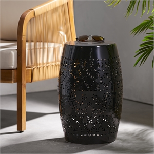 Black Lace Cut Iron Barrel Side Table Iron Outdoor Accent End Table