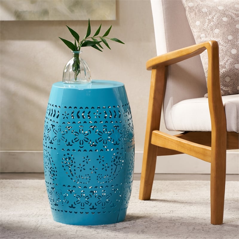 Blue Iron Lace Cut Barrel Accent Table for  Outdoor Use
