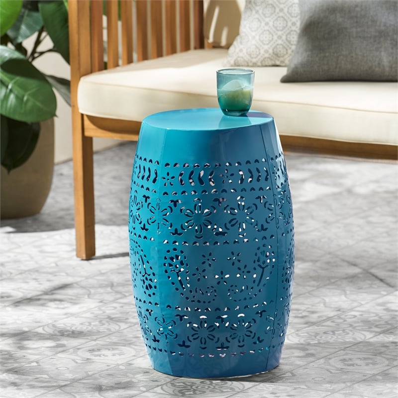 Blue Iron Lace Cut Barrel Accent Table for  Outdoor Use