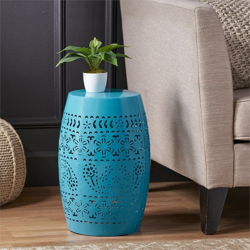 Blue Iron Lace Cut Barrel Accent Table for  Outdoor Use