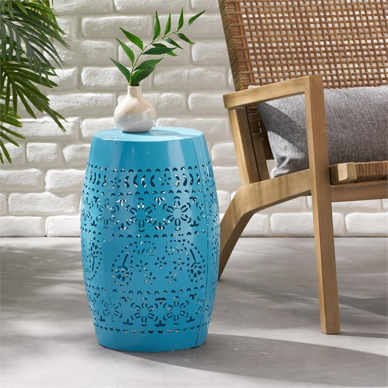 Blue Iron Lace Cut Barrel Accent Table for  Outdoor Use