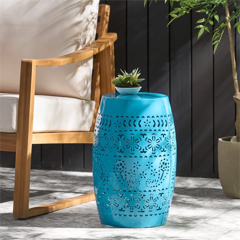 Blue Iron Lace Cut Barrel Accent Table for  Outdoor Use