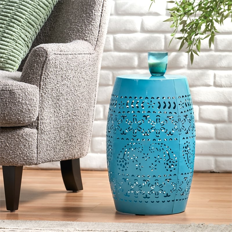 Blue Iron Lace Cut Barrel Accent Table for  Outdoor Use