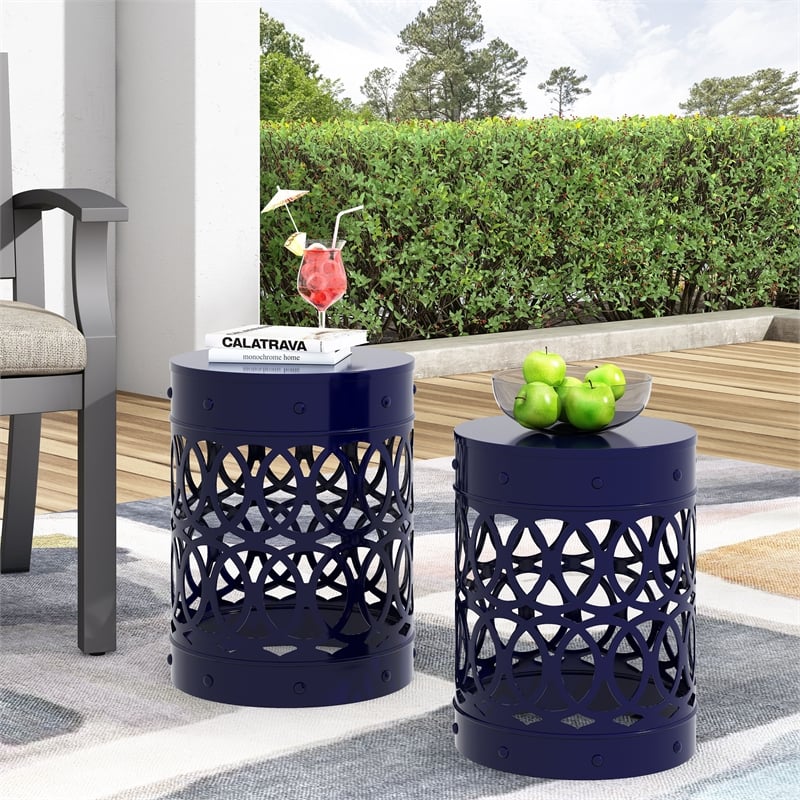 Set of 2 Outdoor Metal End Tables in Blue Durable  Stylish Design
