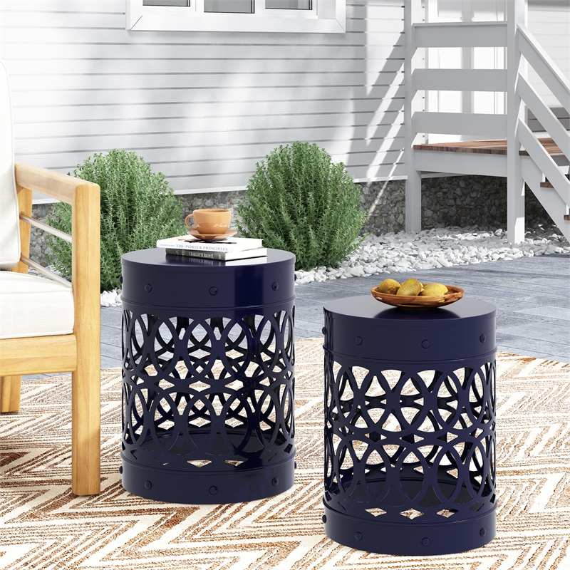Set of 2 Outdoor Metal End Tables in Blue Durable  Stylish Design