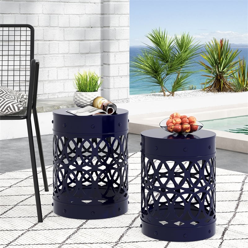 Set of 2 Outdoor Metal End Tables in Blue Durable  Stylish Design