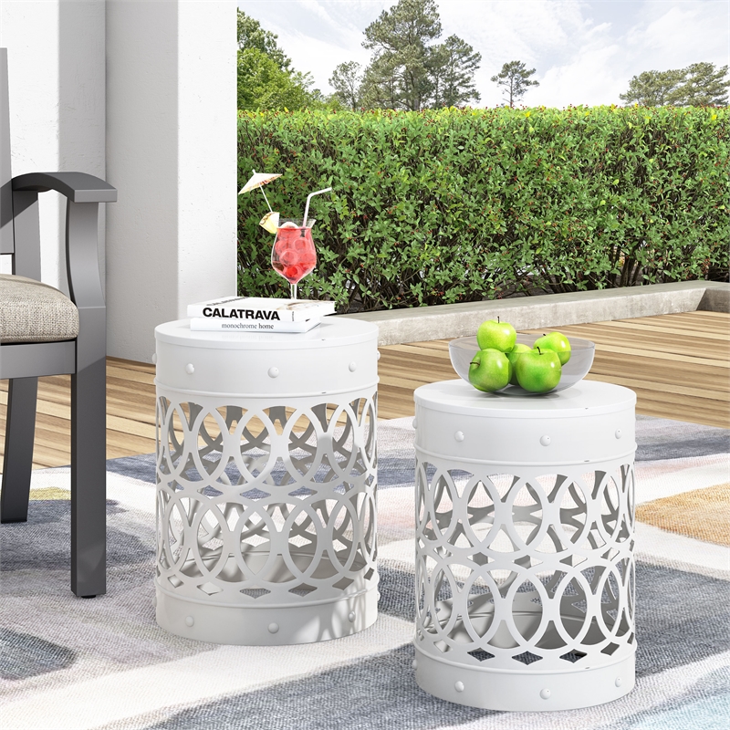 Outdoor Set of 2 End Tables  White Finish with Sturdy Iron Construction