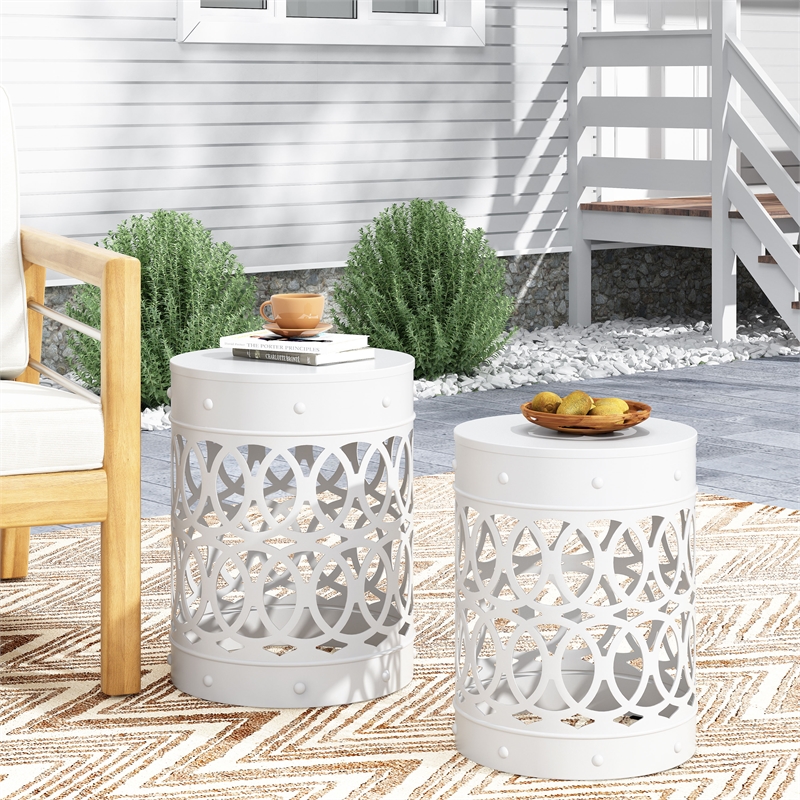 Outdoor Set of 2 End Tables  White Finish with Sturdy Iron Construction