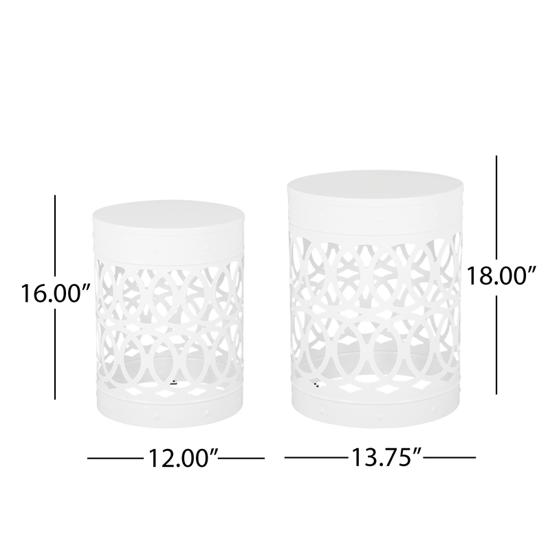 Outdoor Set of 2 End Tables  White Finish with Sturdy Iron Construction