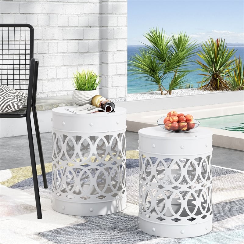 Outdoor Set of 2 End Tables  White Finish with Sturdy Iron Construction