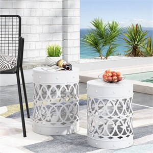 Outdoor Set of 2 End Tables  White Finish with Sturdy Iron Construction
