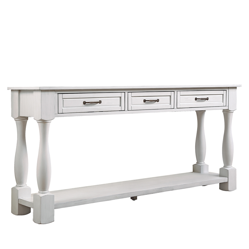 63 White Pine Wood Console Table with 3 Drawers and Bottom Shelf