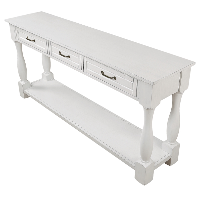 63 White Pine Wood Console Table with 3 Drawers and Bottom Shelf