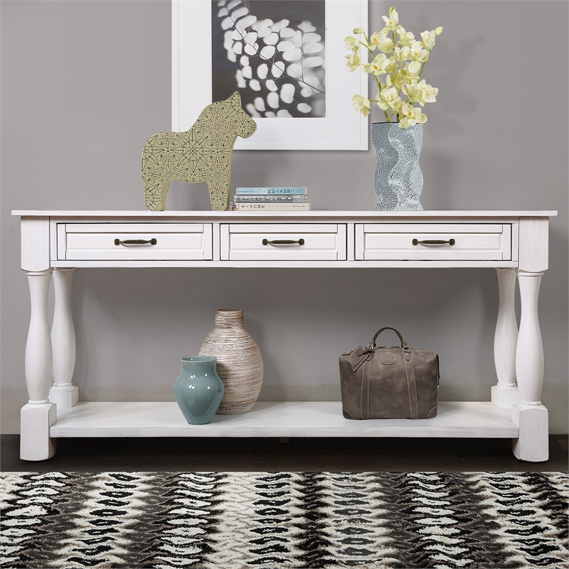 63 White Pine Wood Console Table with 3 Drawers and Bottom Shelf