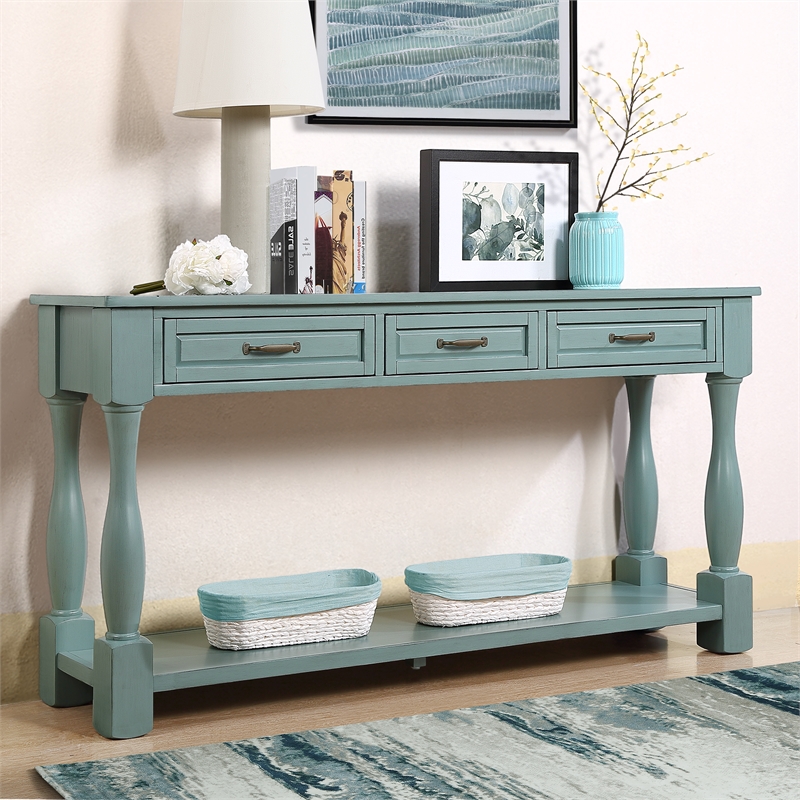 Blue 63 Pine Wood Console Table with 3 Drawers and Shelf for Entryway Sofa