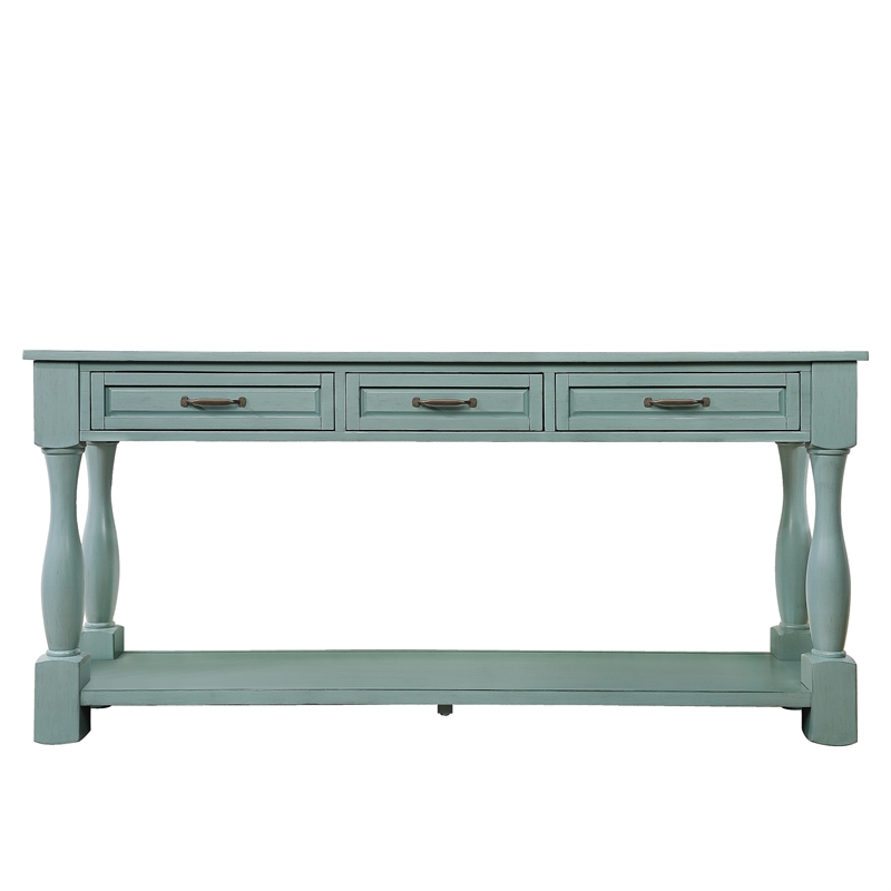 Blue 63 Pine Wood Console Table with 3 Drawers and Shelf for Entryway Sofa
