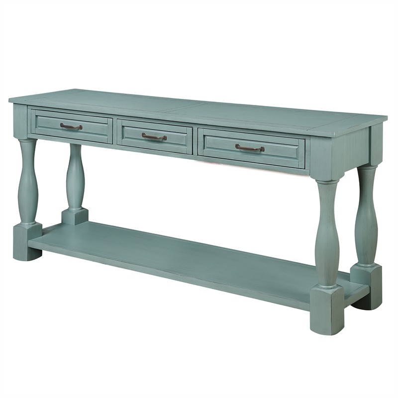 Blue 63 Pine Wood Console Table with 3 Drawers and Shelf for Entryway Sofa