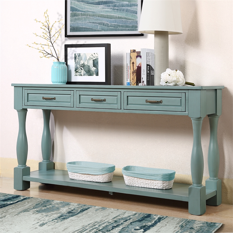 Blue 63 Pine Wood Console Table with 3 Drawers and Shelf for Entryway Sofa