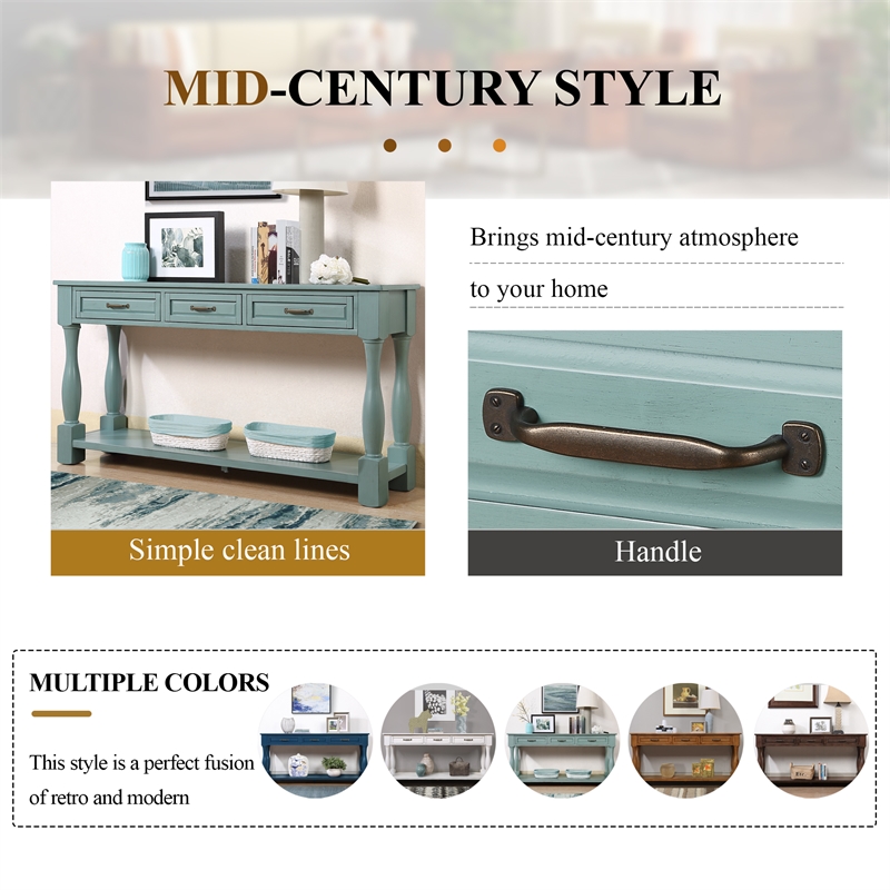 Blue 63 Pine Wood Console Table with 3 Drawers and Shelf for Entryway Sofa