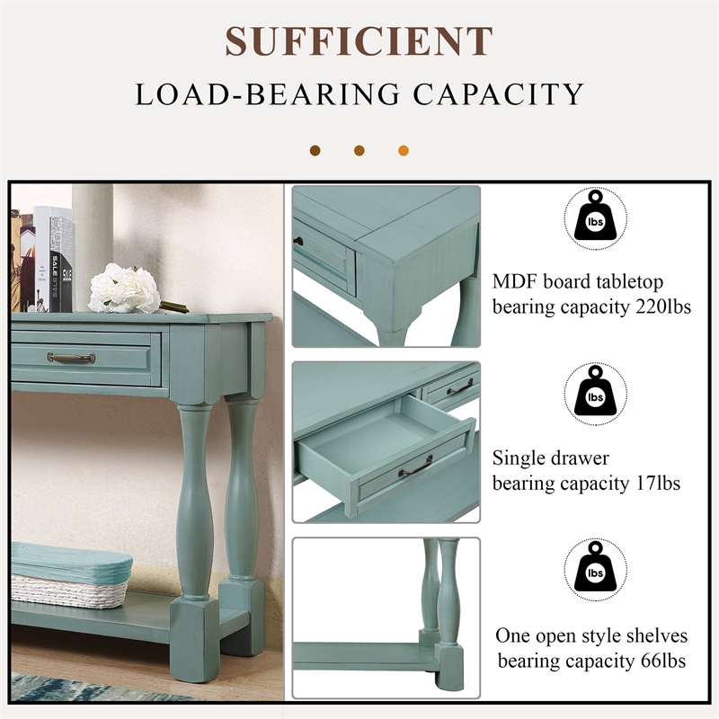 Blue 63 Pine Wood Console Table with 3 Drawers and Shelf for Entryway Sofa