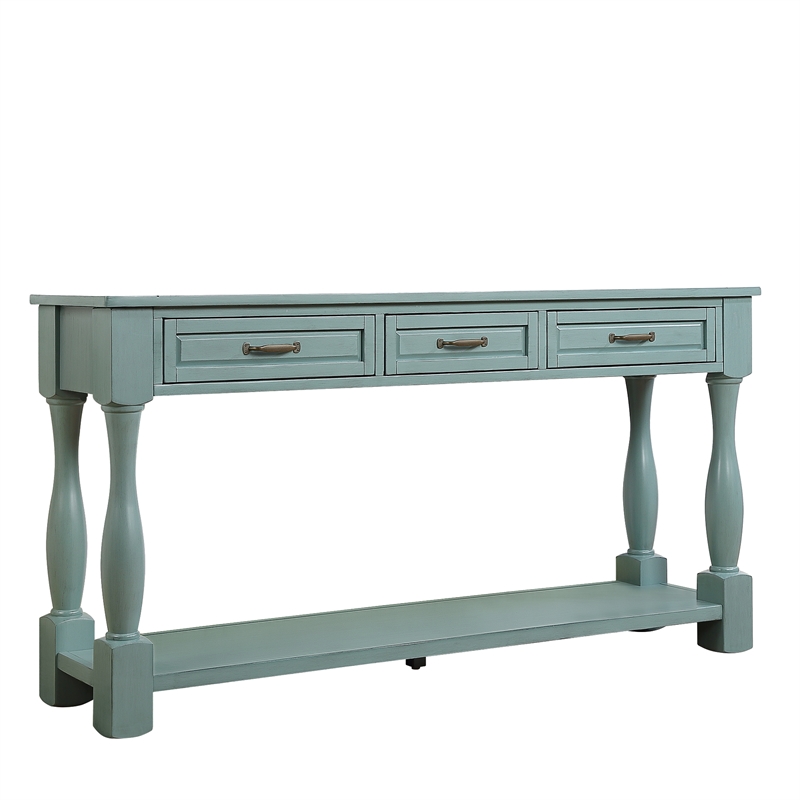 Blue 63 Pine Wood Console Table with 3 Drawers and Shelf for Entryway Sofa