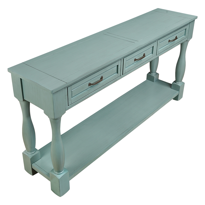 Blue 63 Pine Wood Console Table with 3 Drawers and Shelf for Entryway Sofa
