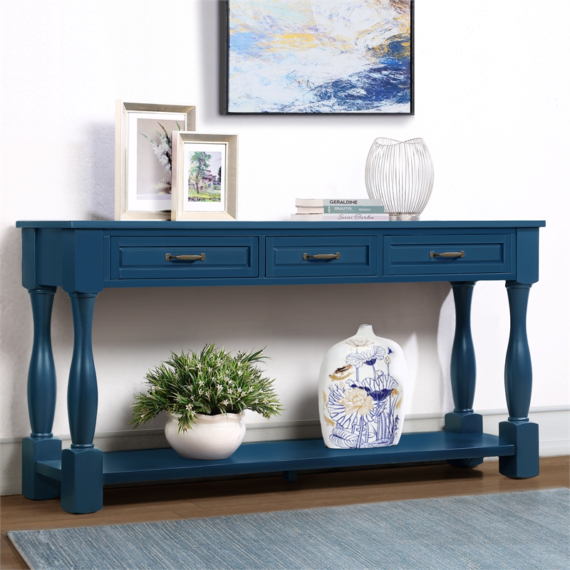Navy 63 Pine Wood Console Table with 3 Drawers and Shelf for Entryway Sofa