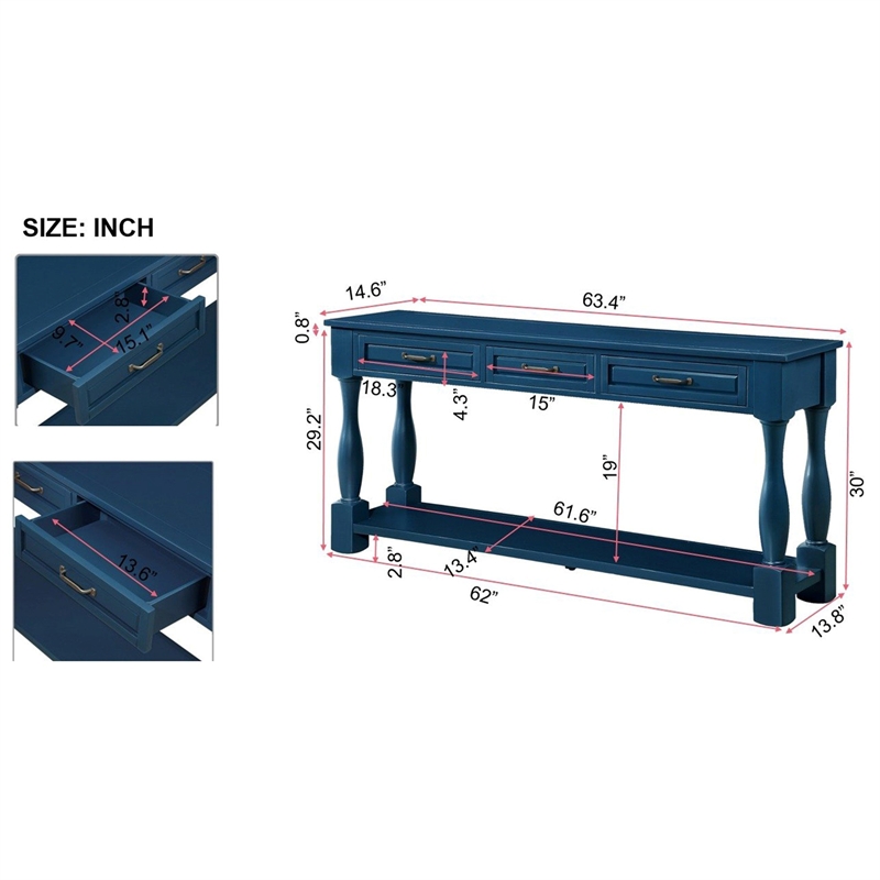 Navy 63 Pine Wood Console Table with 3 Drawers and Shelf for Entryway Sofa