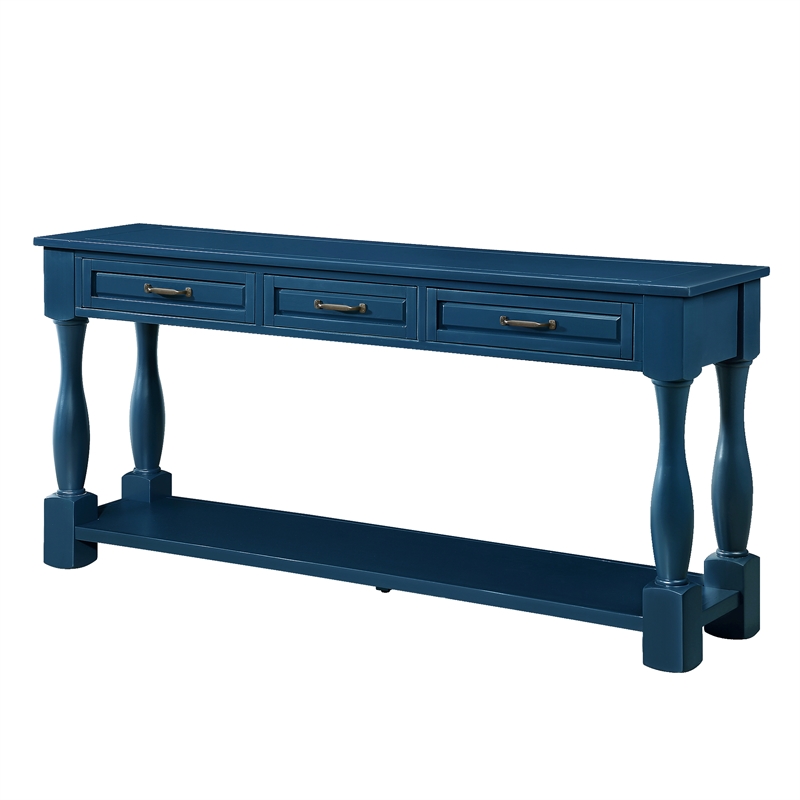 Navy 63 Pine Wood Console Table with 3 Drawers and Shelf for Entryway Sofa