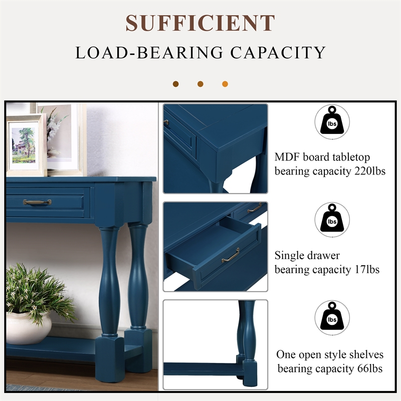 Navy 63 Pine Wood Console Table with 3 Drawers and Shelf for Entryway Sofa